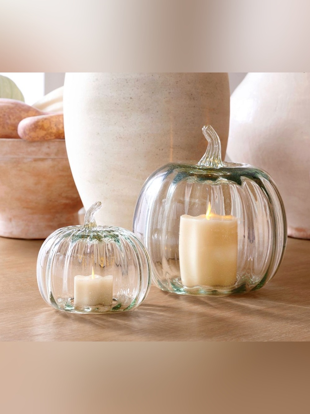 Pottery Barn Pair of 2 Hand Crafted Pumpkin Blown Recycled Glass Cloches